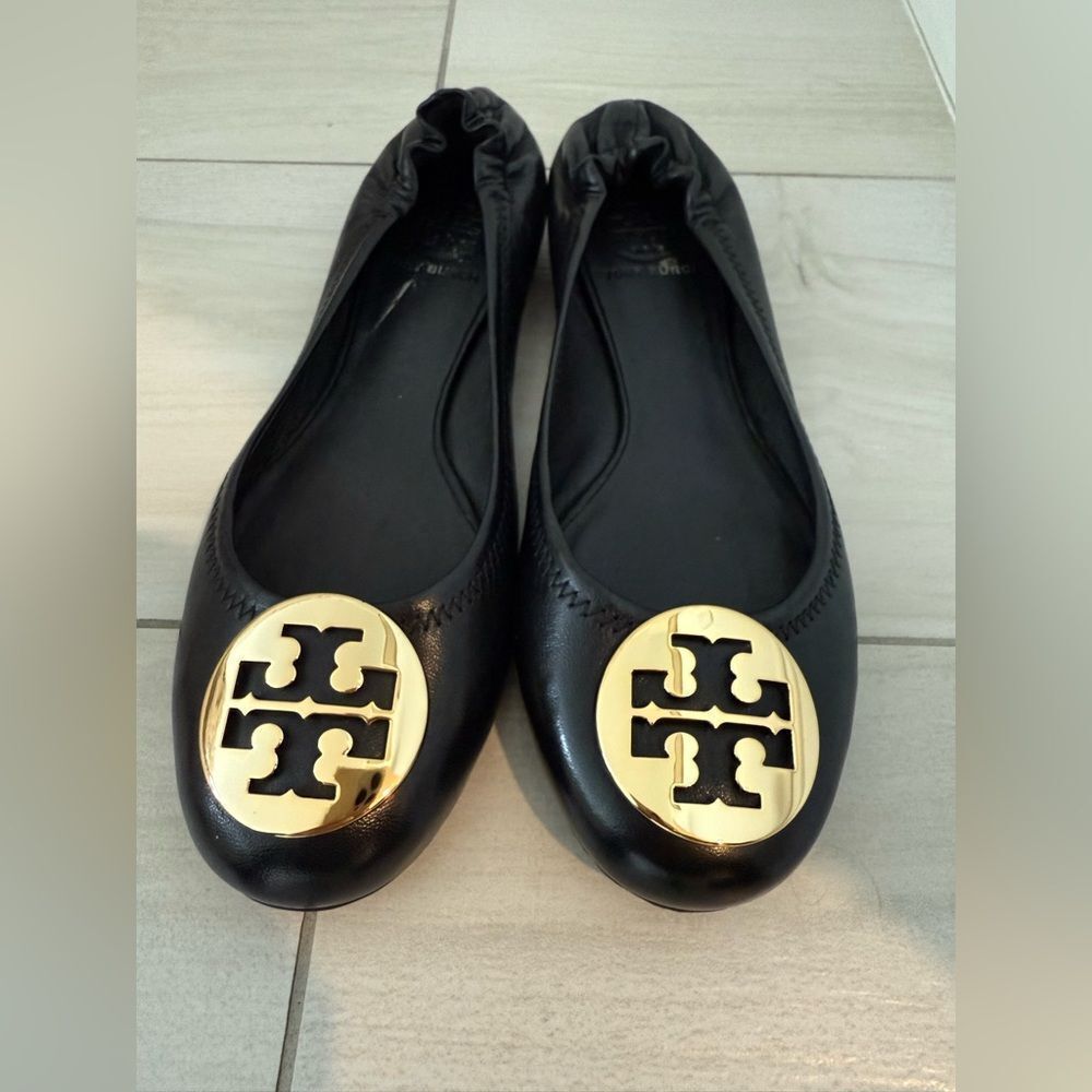 Tory Burch Black Leather Flats with Gold Emblem